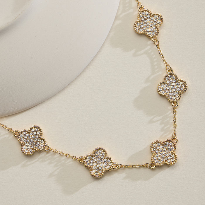 Gold Chain Necklace with Crystal Clover Charms