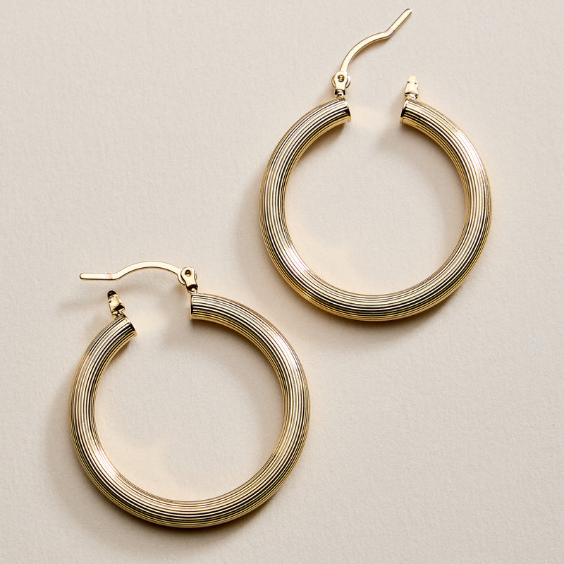 Gold Filled Ribbed Hoop Earrings – Medium Textured Hoops
