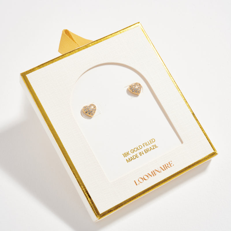 Gold Filled Heart Stud Earrings with Sparkling Crystals
