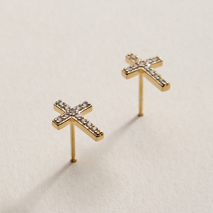 Gold Filled Cross Stud Earrings with CZ Accents – Petite Sparkle Design