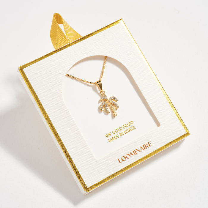 Gold Filled Palm Tree Pendant Necklace with Cubic Zirconia