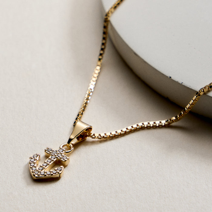Gold Filled CZ Anchor Pendant Necklace 