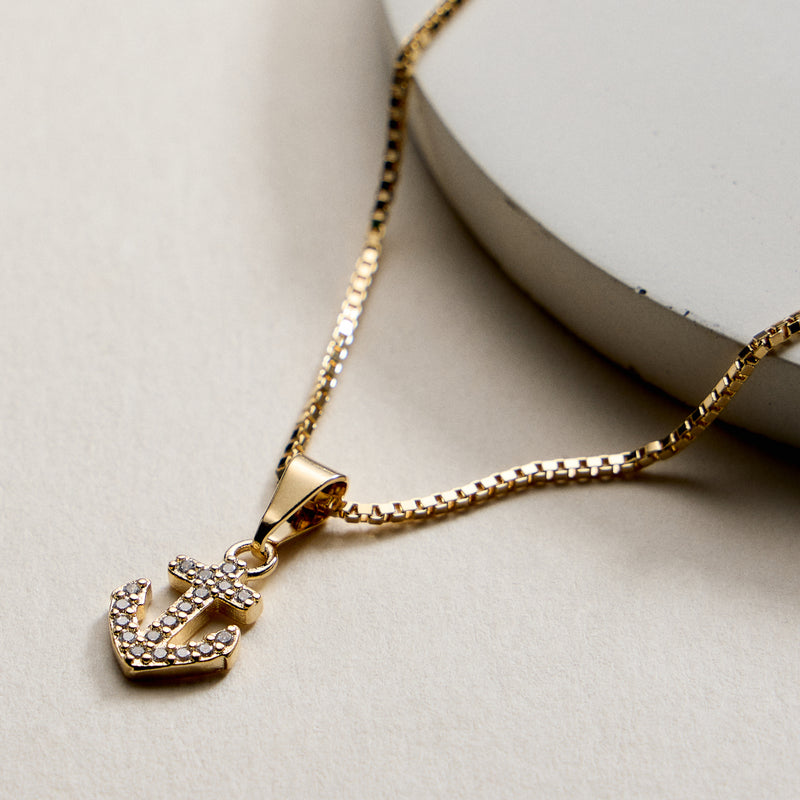 Gold Filled CZ Anchor Pendant Necklace 