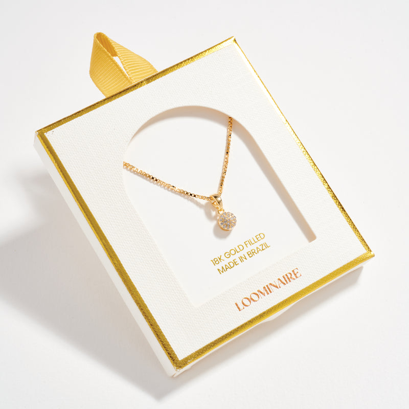 Gold Filled Box Chain Necklace with Crystal Ball Pendant