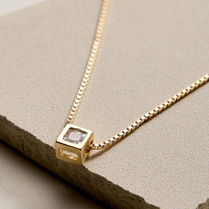18K Gold Filled CZ in Cube Pendant Necklace