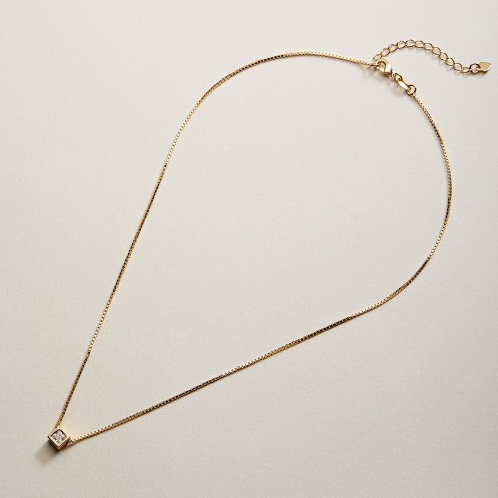Gold Filled Box Chain Necklace with Geometric Cube Pendant