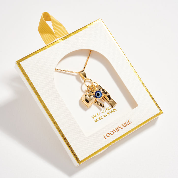Gold Filled Charm Necklace – Heart, Horseshoe, Evil Eye & Wishbone Pendant