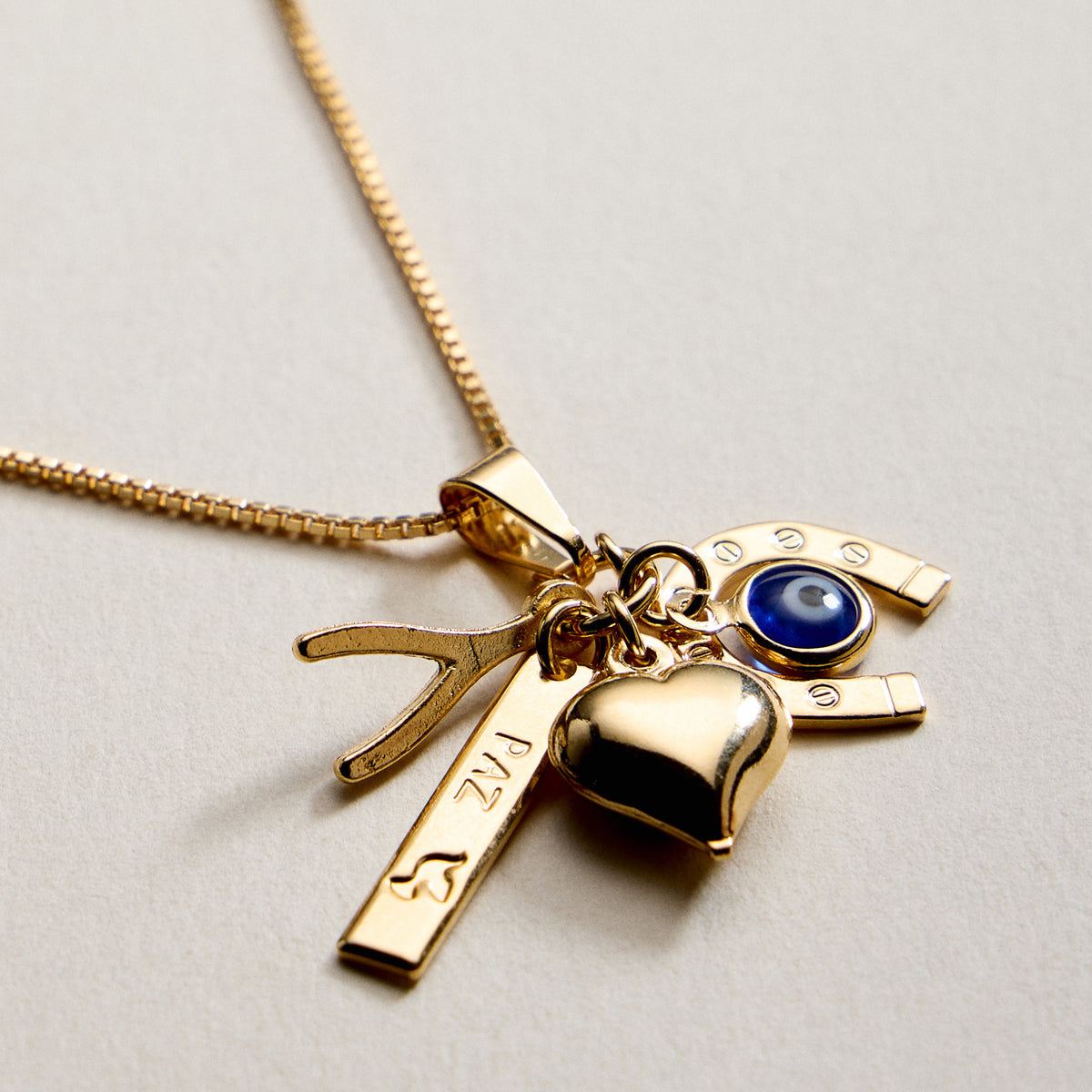 Gold Filled Charm Necklace – Heart, Horseshoe, Evil Eye & Wishbone Pendant