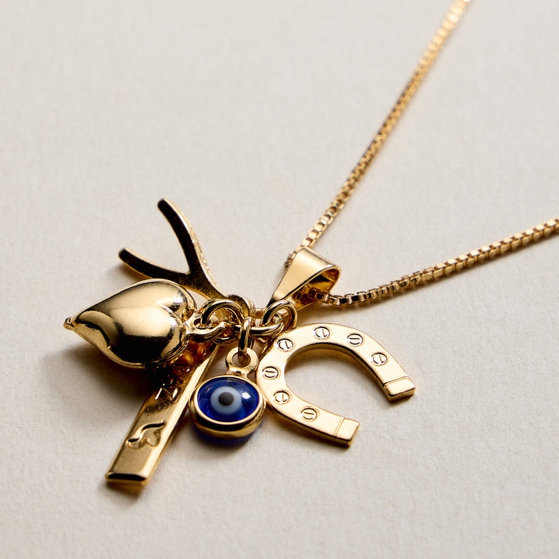 Gold Filled Charm Necklace – Heart, Horseshoe, Evil Eye & Wishbone Pendant