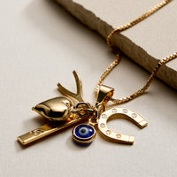 Gold Filled Charm Necklace – Heart, Horseshoe, Evil Eye & Wishbone Pendant