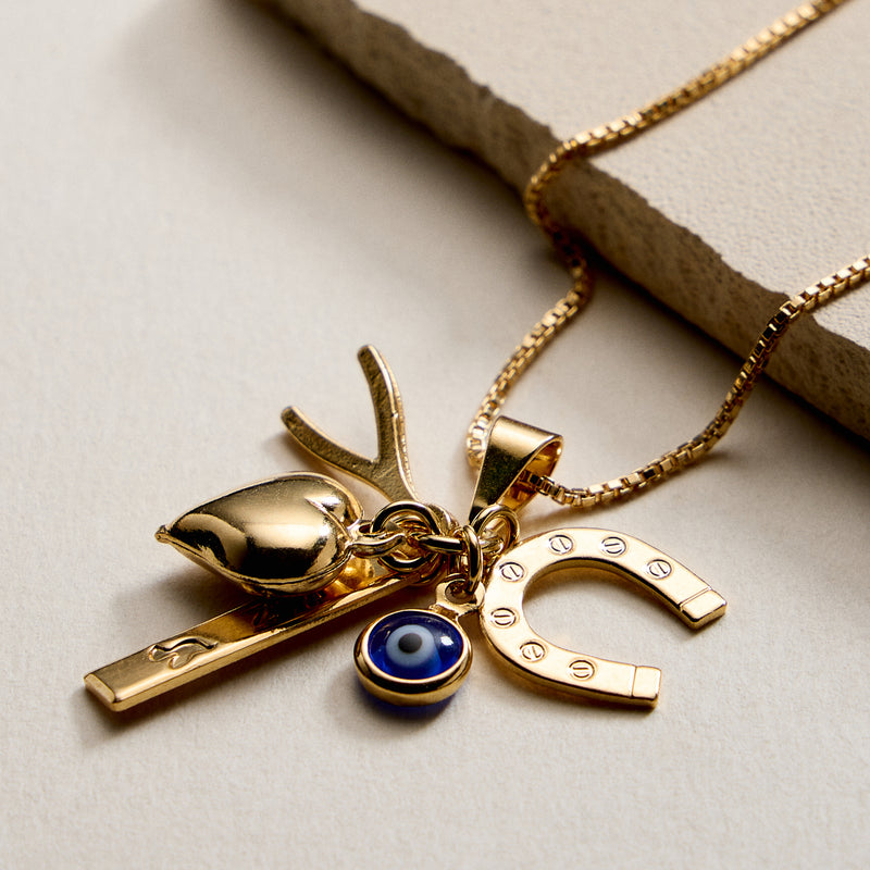 Gold Filled Charm Necklace – Heart, Horseshoe, Evil Eye & Wishbone Pendant