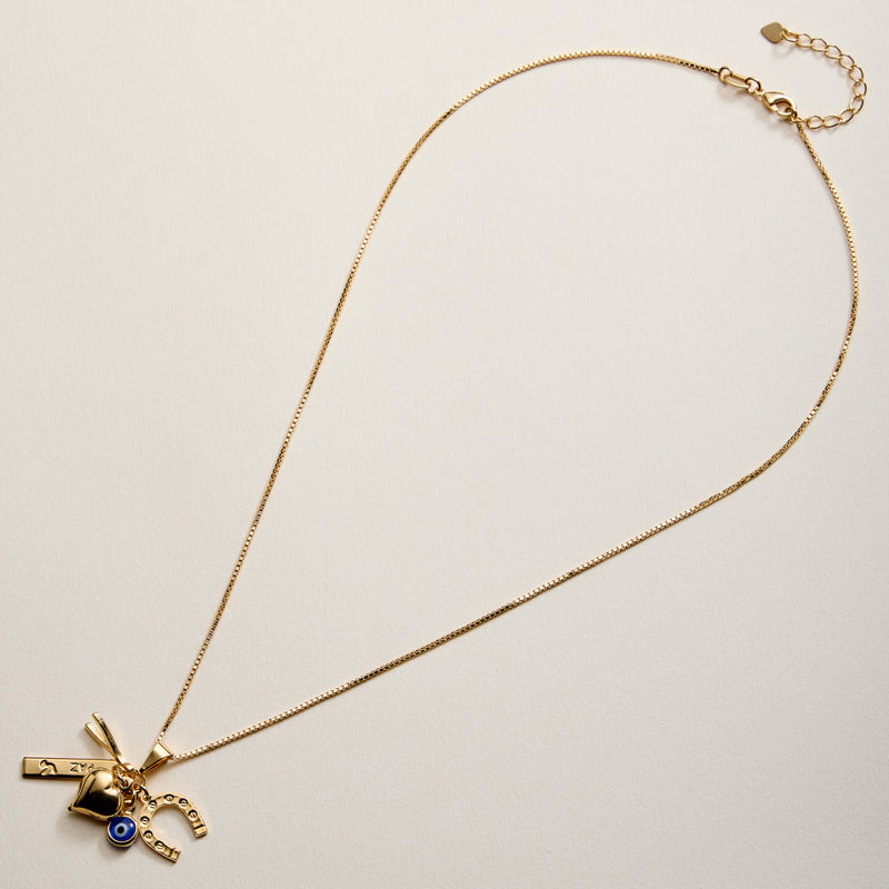 Gold Filled Charm Necklace – Heart, Horseshoe, Evil Eye & Wishbone Pendant
