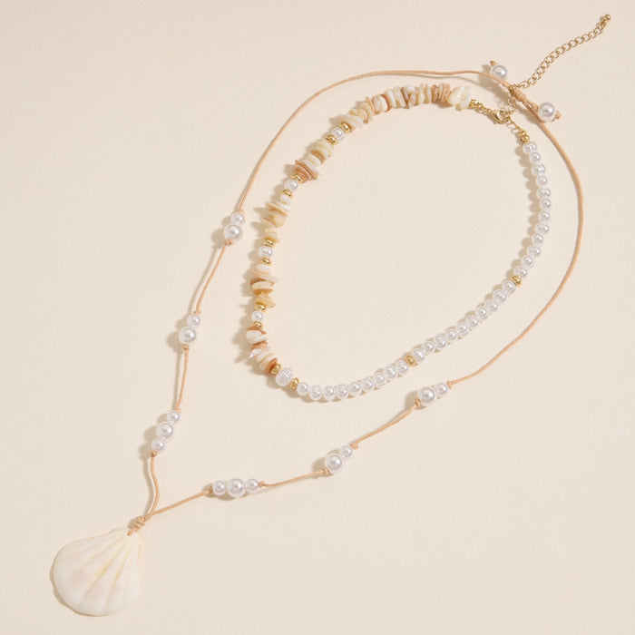 Layered Shell and Pearl Beaded Necklace