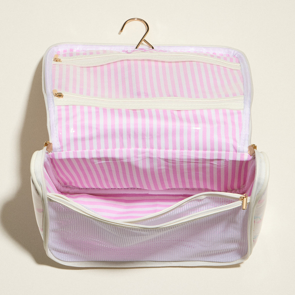 Pink Seashell Print Hanging Toiletry Bag – Travel Makeup Organizer with Handle