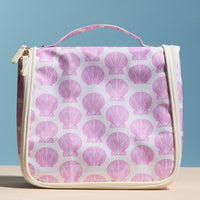 Pink Seashell Print Hanging Toiletry Bag – Travel Makeup Organizer with Handle