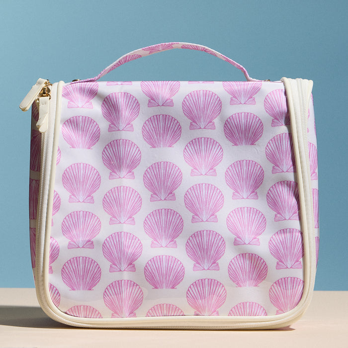Pink Seashell Print Hanging Toiletry Bag – Travel Makeup Organizer with Handle