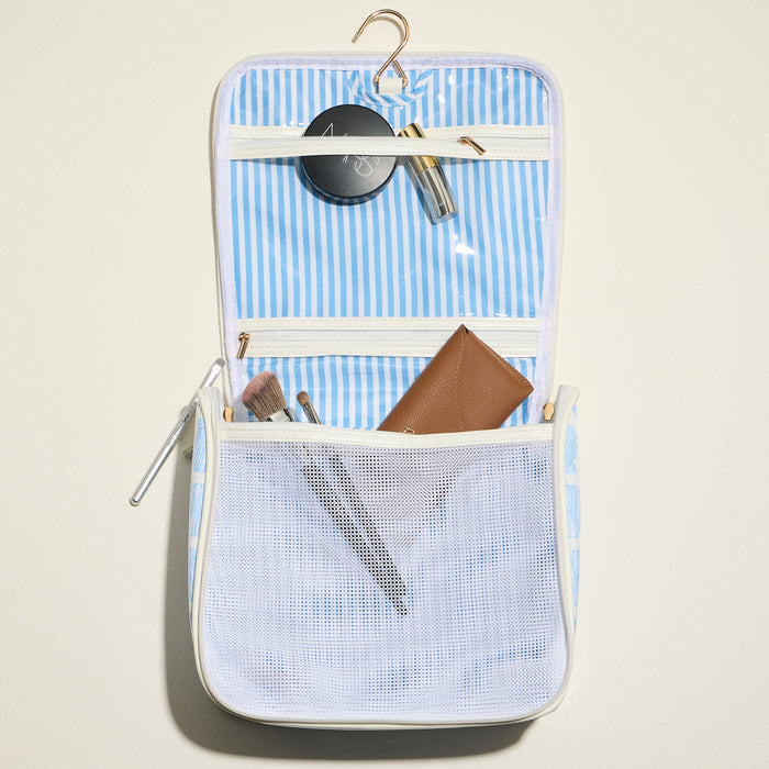 Blue Seashell Print Hanging Toiletry Bag – Travel Makeup Organizer with Hook