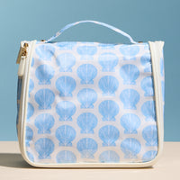 Blue Seashell Print Hanging Toiletry Bag – Travel Makeup Organizer with Hook