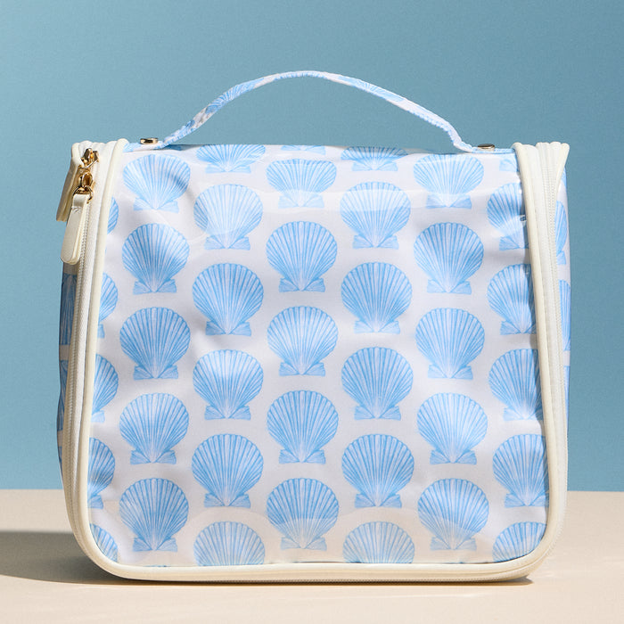 Blue Seashell Print Hanging Toiletry Bag – Travel Makeup Organizer with Hook