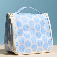 Blue Seashell Print Hanging Toiletry Bag – Travel Makeup Organizer with Hook