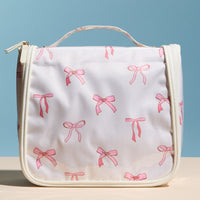 Pink Bow Print Hanging Toiletry Bag – Travel Makeup Organizer with Handle