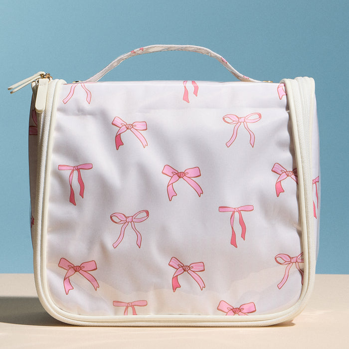 Pink Bow Print Hanging Toiletry Bag – Travel Makeup Organizer with Handle