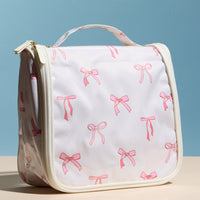 Pink Bow Print Hanging Toiletry Bag – Travel Makeup Organizer with Handle