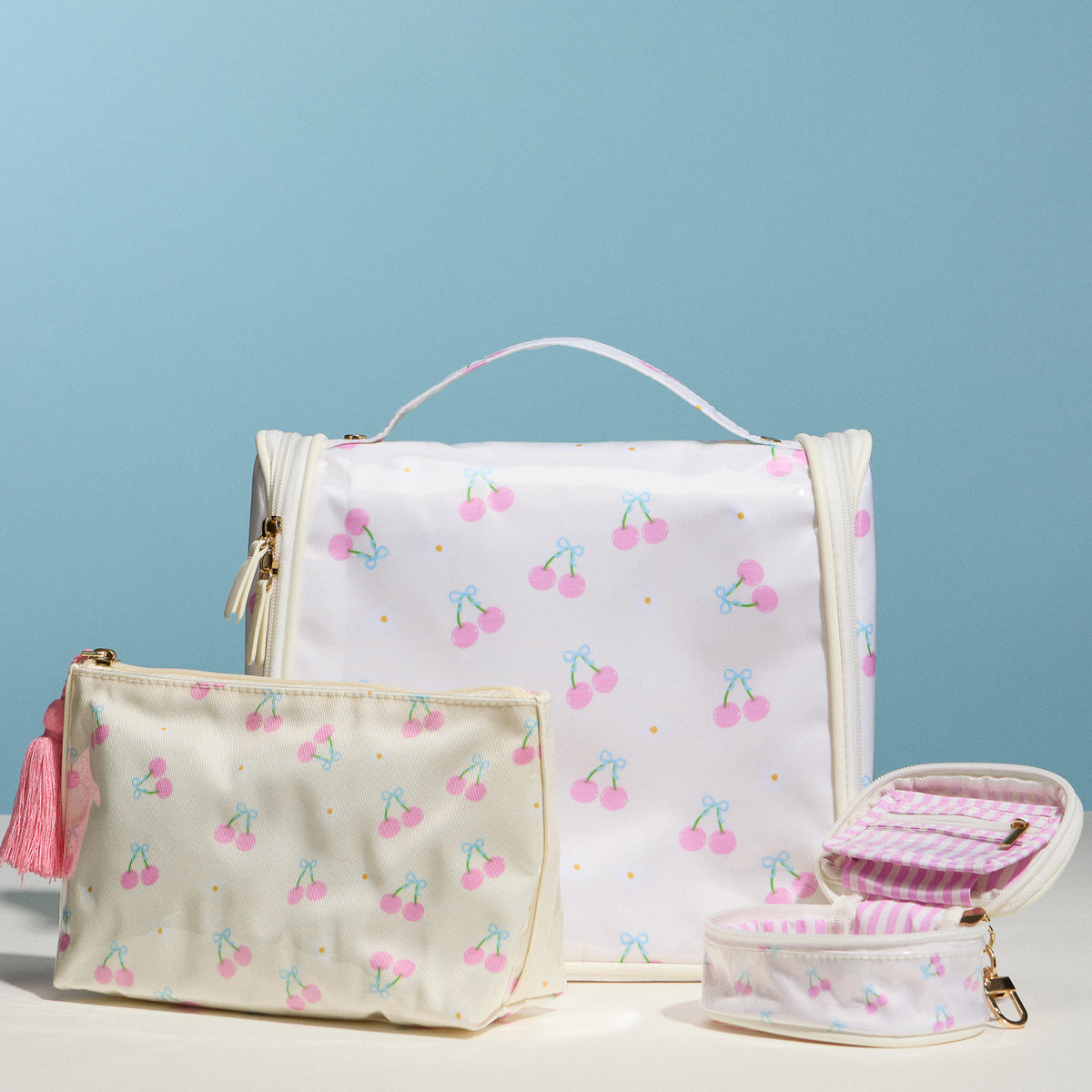 Cherry Print Cosmetic Pouch – Zipper Makeup Bag with Tassel