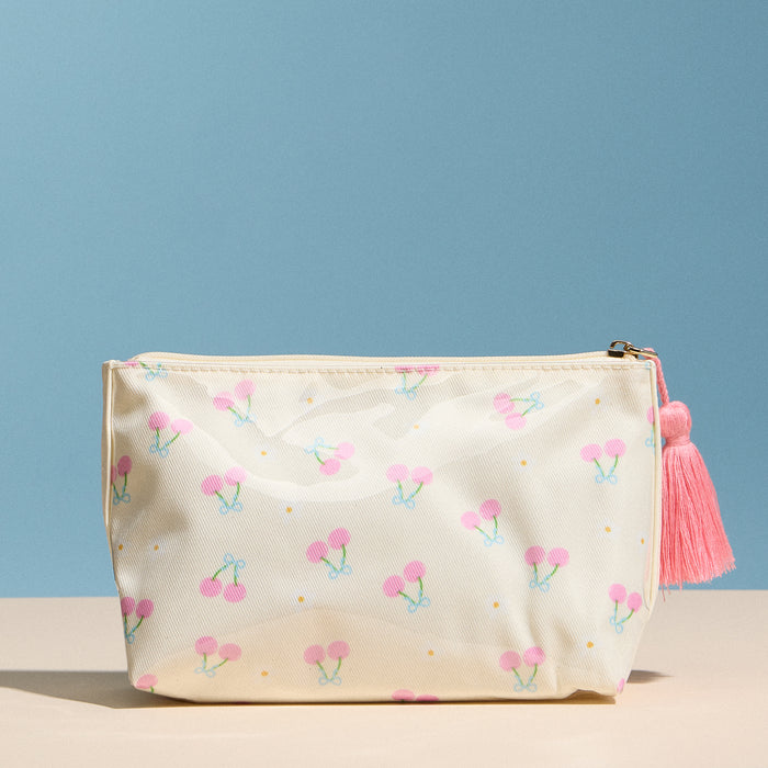 Cherry Print Cosmetic Pouch – Zipper Makeup Bag with Tassel
