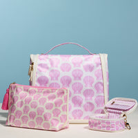 Pink Seashell Print Hanging Toiletry Bag – Travel Makeup Organizer with Handle