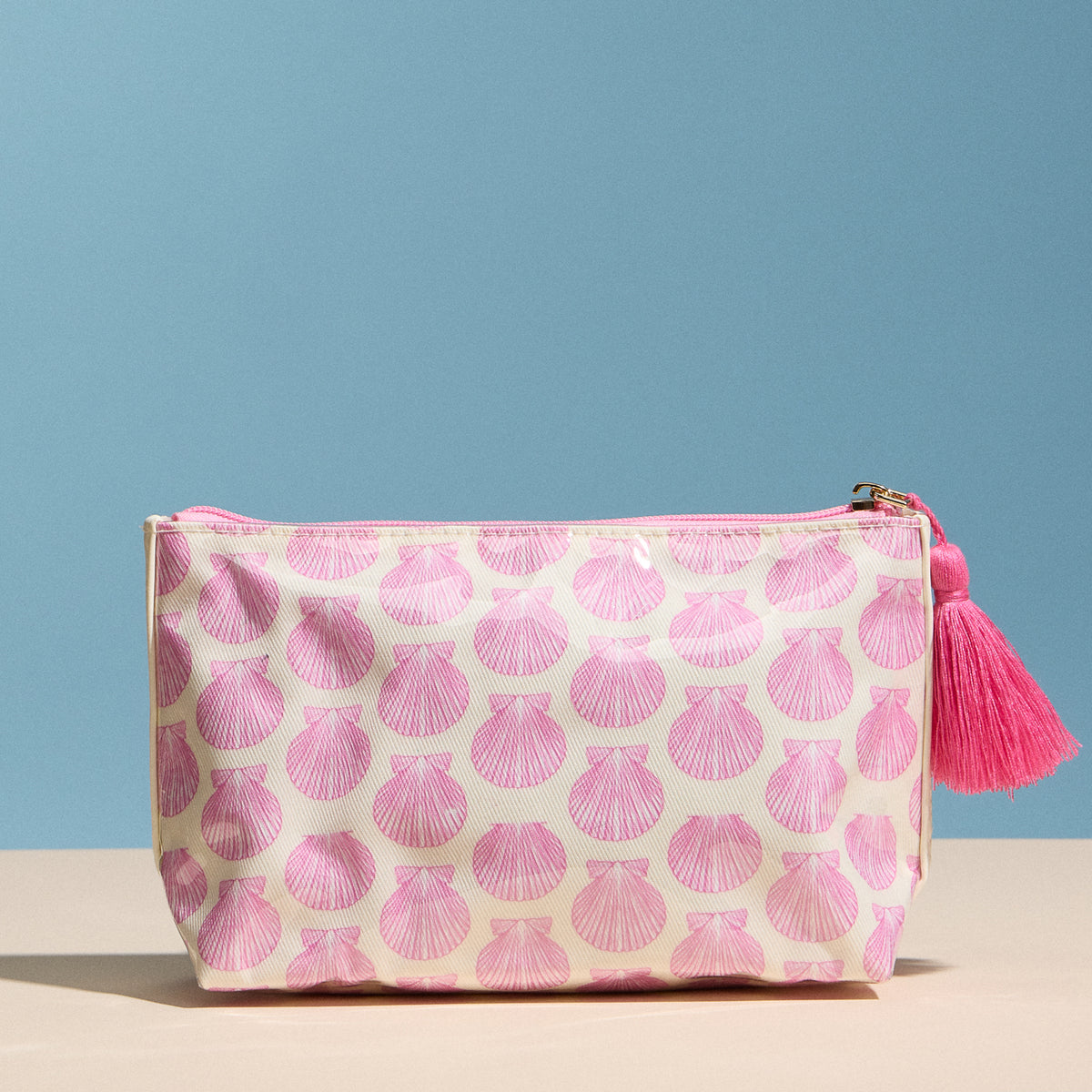 Pink Seashell Print Cosmetic Pouch – Zipper Makeup Bag with Tassel