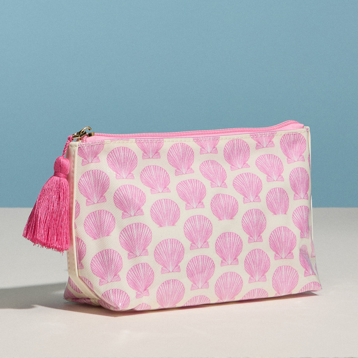 Pink Seashell Print Cosmetic Pouch – Zipper Makeup Bag with Tassel