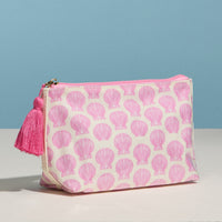 Pink Seashell Print Cosmetic Pouch – Zipper Makeup Bag with Tassel