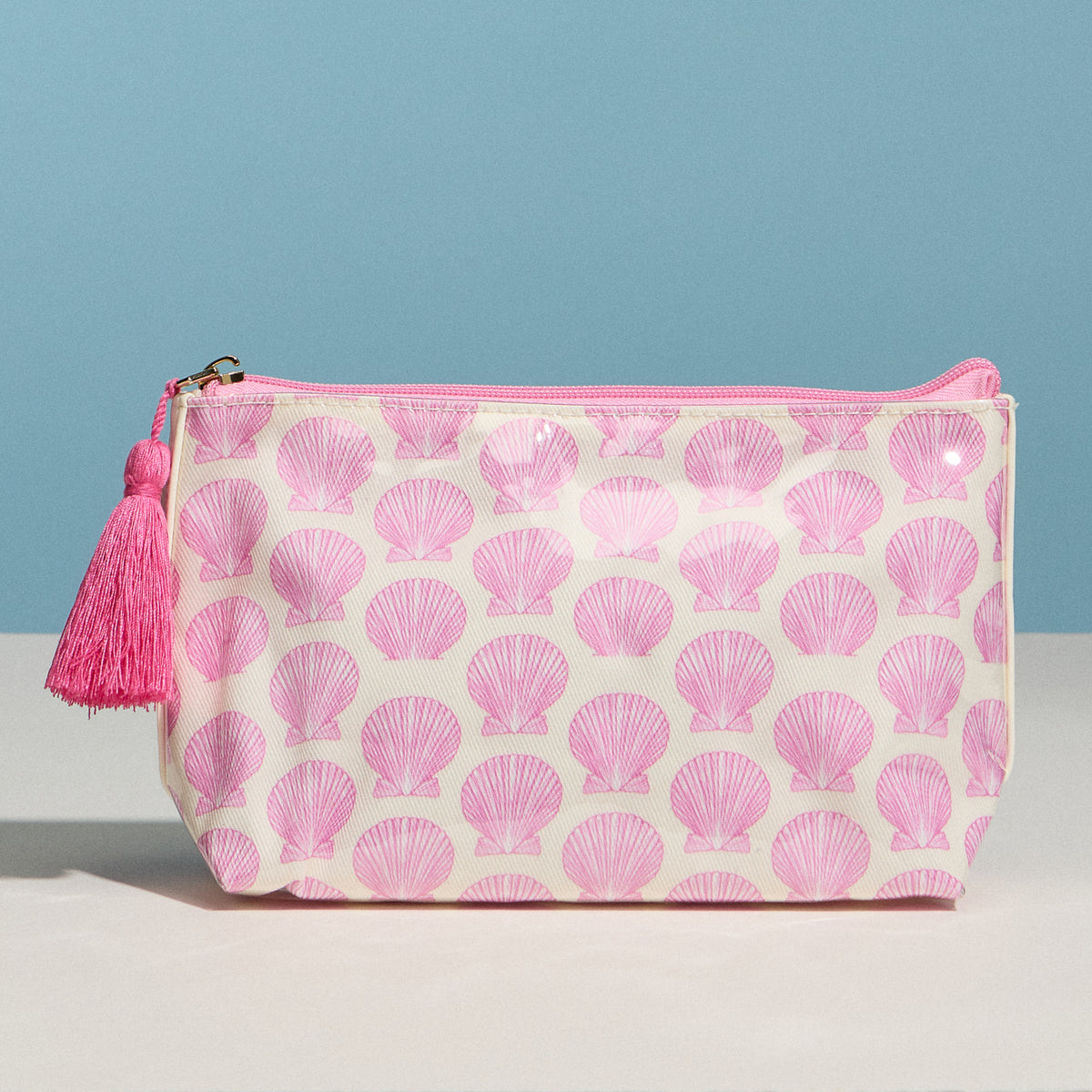 Pink Seashell Print Cosmetic Pouch – Zipper Makeup Bag with Tassel