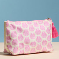 Pink Seashell Print Cosmetic Pouch – Zipper Makeup Bag with Tassel
