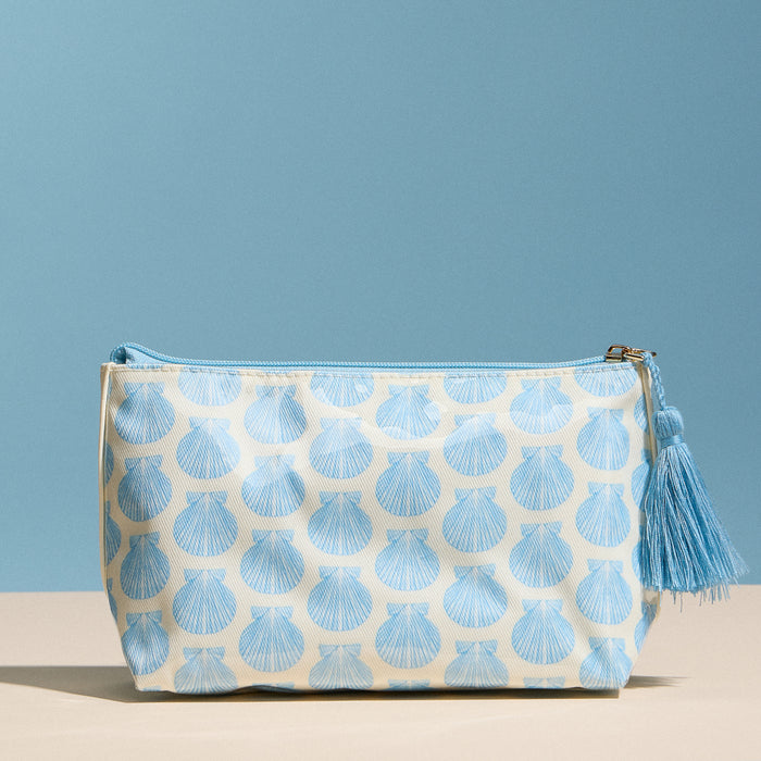 Blue Seashell Print Cosmetic Pouch – Zipper Makeup Bag with Tassel