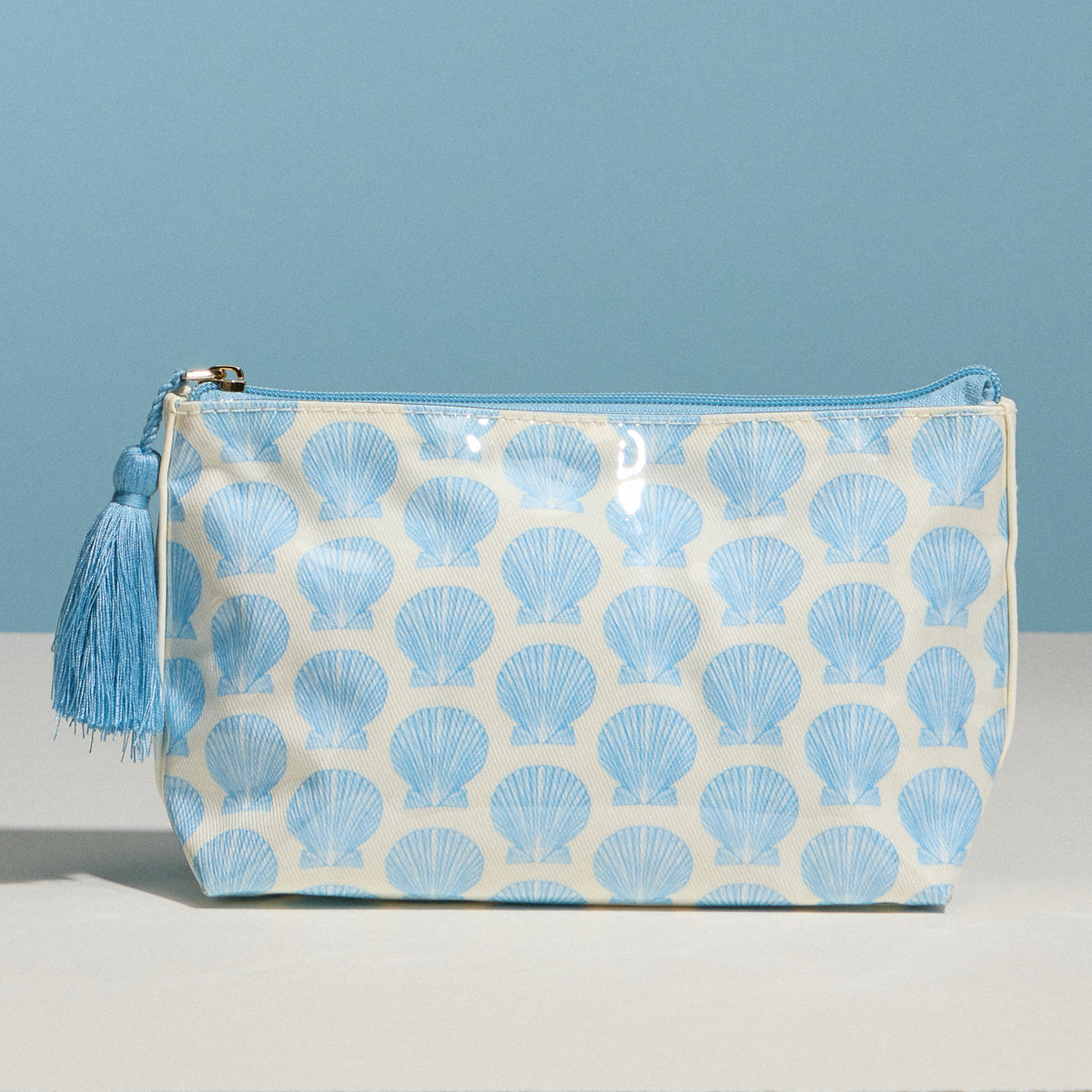 Blue Seashell Print Cosmetic Pouch – Zipper Makeup Bag with Tassel
