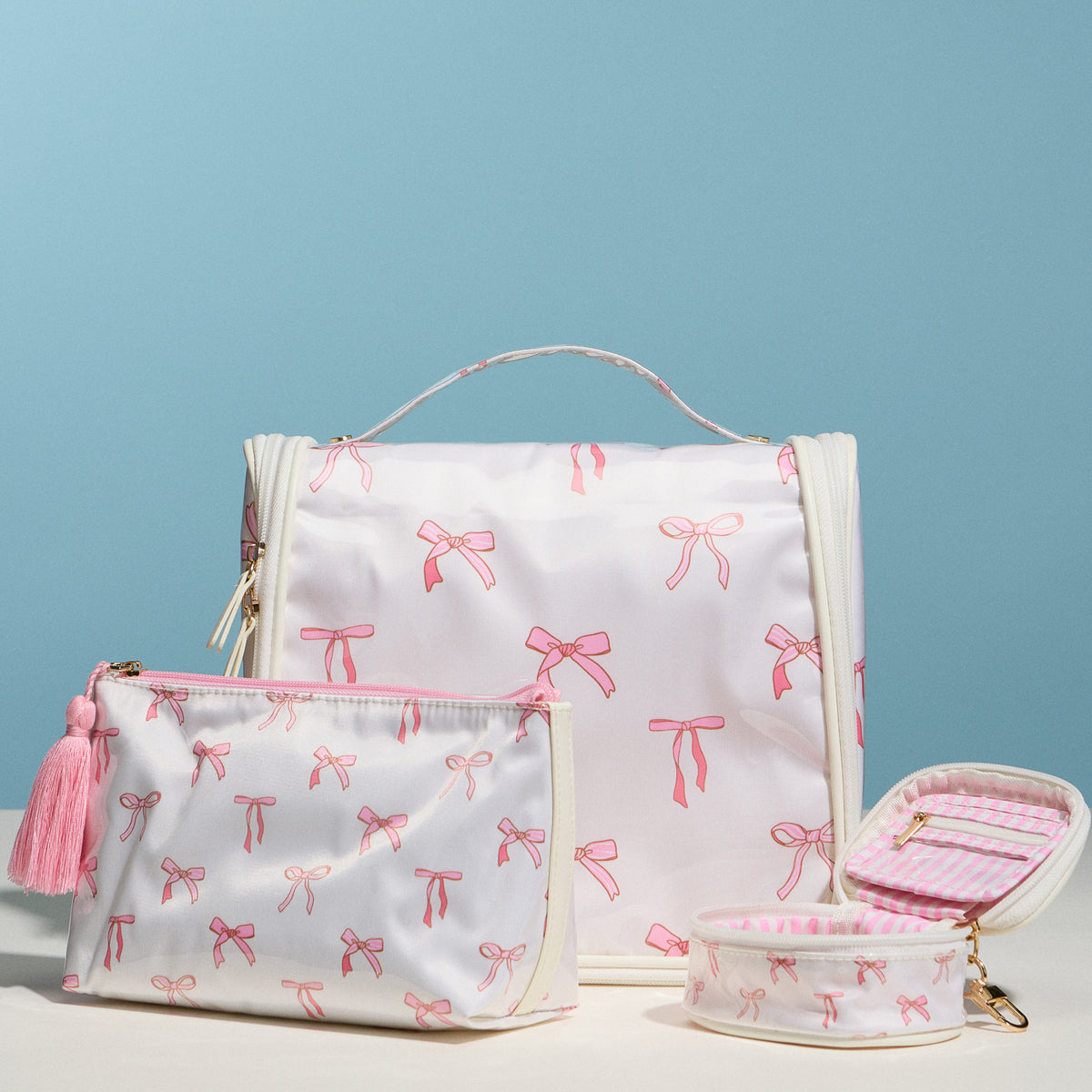 Pink Bow Mini Cosmetic Pouch with Clip – Quilted Zip Travel Coin & Bag Charm