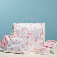 Pink Bow Print Hanging Toiletry Bag – Travel Makeup Organizer with Handle