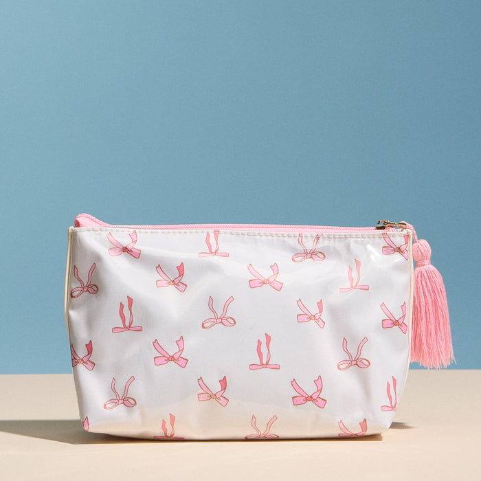 Pink Bow Print Cosmetic Pouch – Zipper Makeup Bag with Tassel