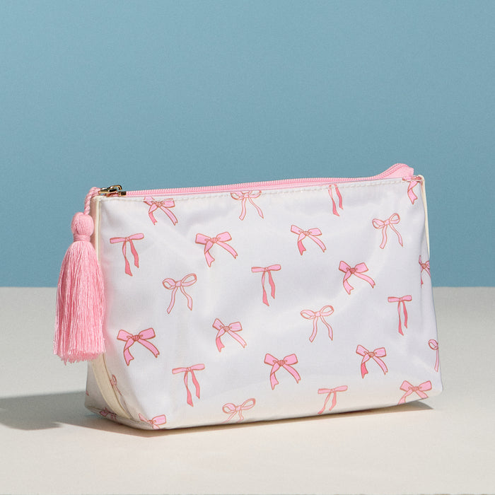Cotton Bow Print Cosmetic Pouch — Pink Tassel