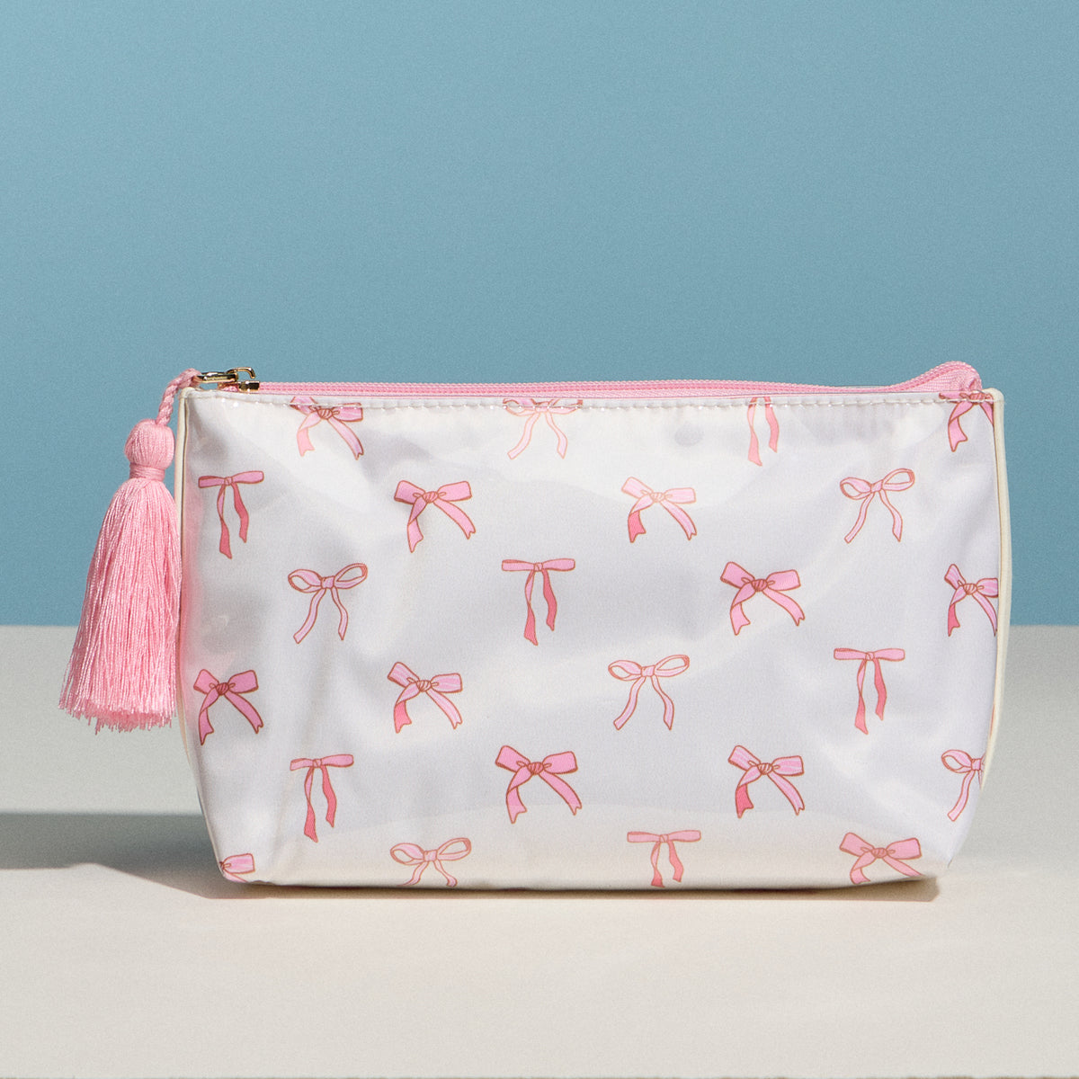 Pink Bow Print Cosmetic Pouch – Zipper Makeup Bag with Tassel