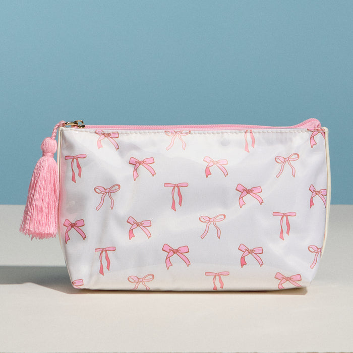 Cotton Bow Print Cosmetic Pouch — Pink Tassel