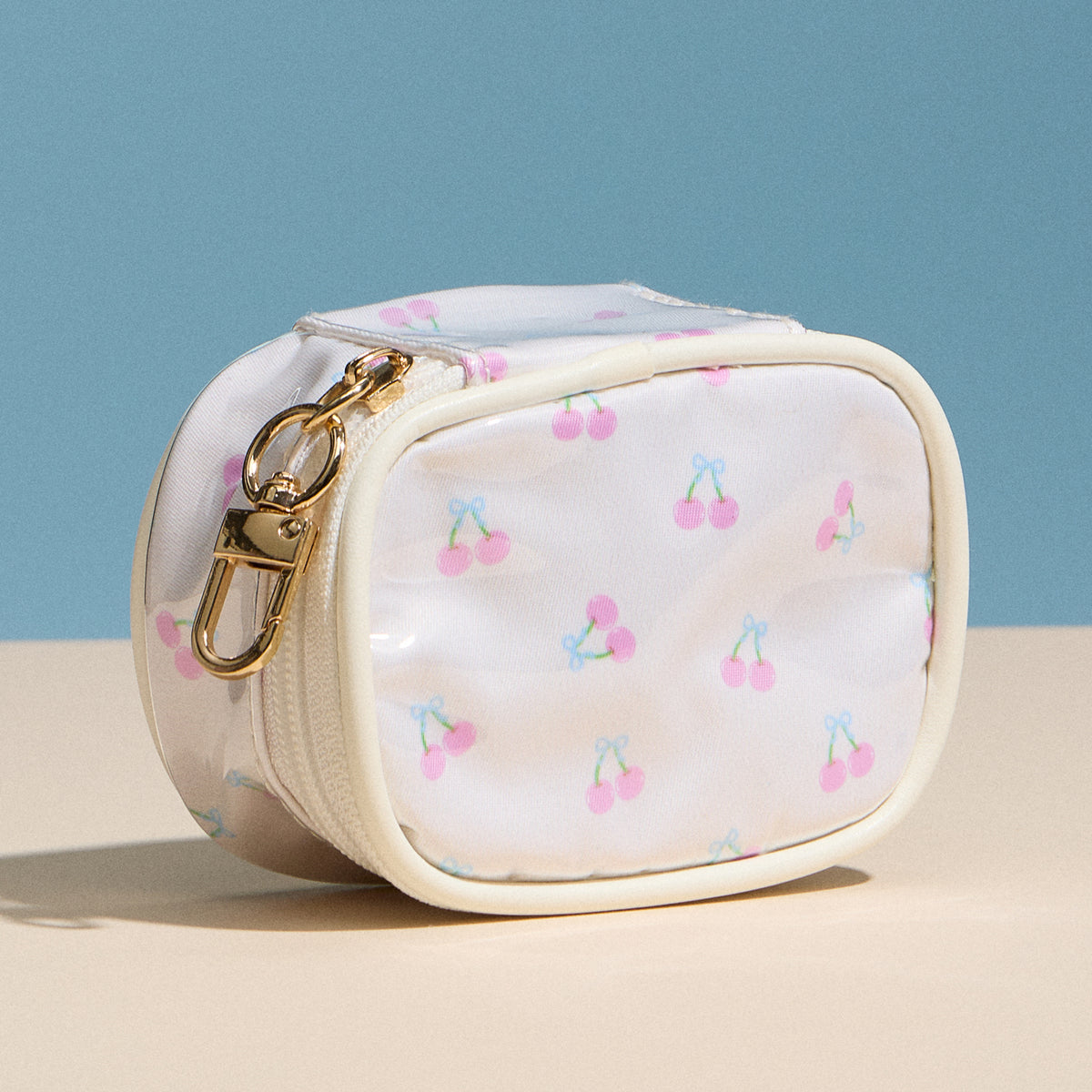 Cherry Print Mini Cosmetic Pouch with Clip – Small Zipper Coin & Accessory Bag