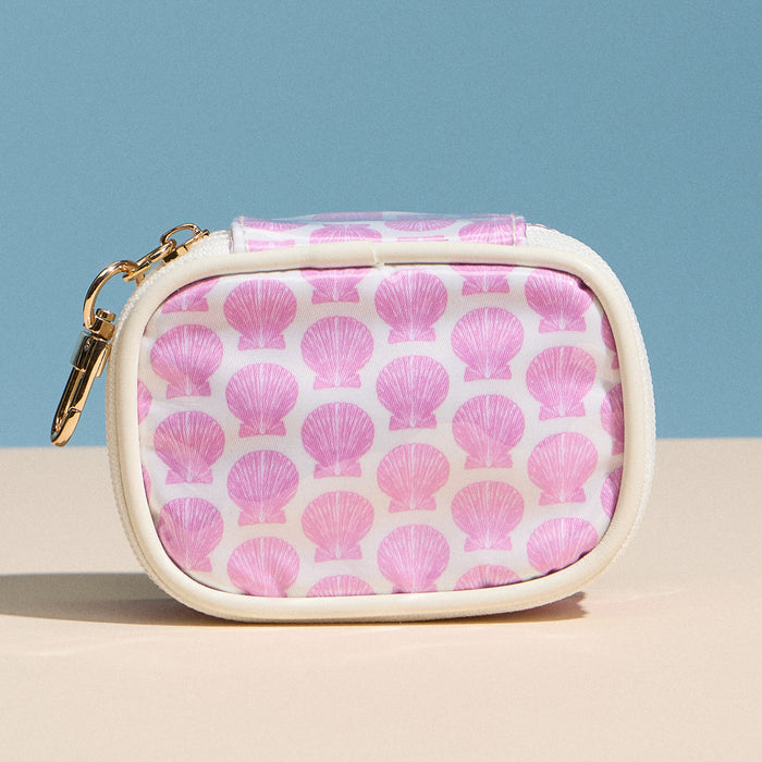 Pink Shell Mini Cosmetic Pouch with Clip – Quilted Zip Travel Coin & Makeup Bag