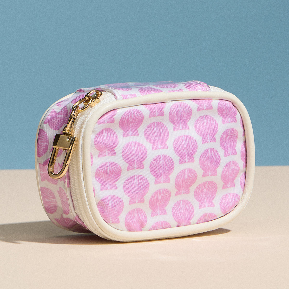 Pink Shell Mini Cosmetic Pouch with Clip – Quilted Zip Travel Coin & Makeup Bag