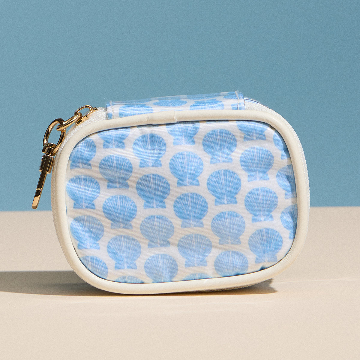 Blue Shell Mini Cosmetic Pouch with Clip – Quilted Zip Travel Coin & Bag Charm