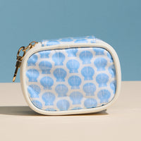 Blue Shell Mini Cosmetic Pouch with Clip – Quilted Zip Travel Coin & Bag Charm