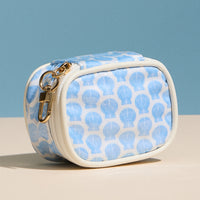 Blue Shell Mini Cosmetic Pouch with Clip – Quilted Zip Travel Coin & Bag Charm