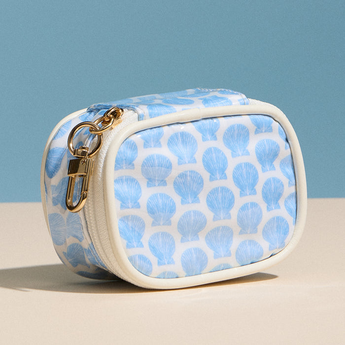 Blue Shell Mini Cosmetic Pouch with Clip – Quilted Zip Travel Coin & Bag Charm